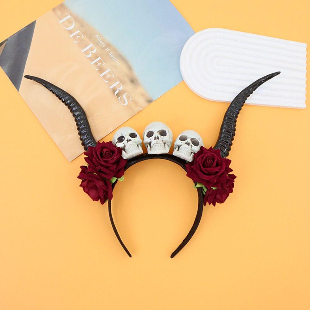 Skull Sheep Horn Hairband Halloween Red Rose Headband Flower Crown Ox Horns Headband  Festival Wear