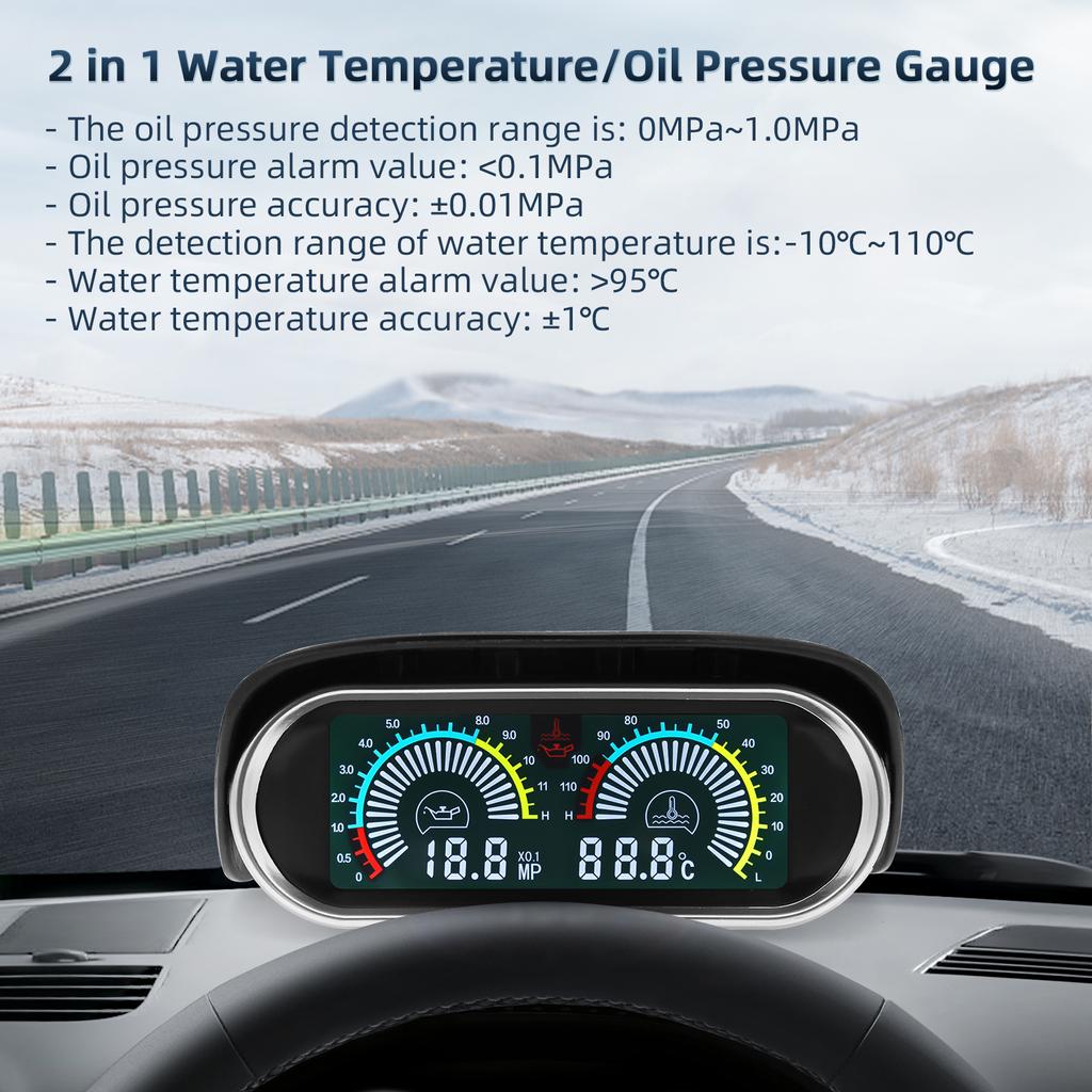 2 in 1 Auto Digital Water Temp Meter &Voltmeter &Oil Pressure Gauge Volt Voltage Meter with 1/8NPT Sensors For Car Truck 12V 24V