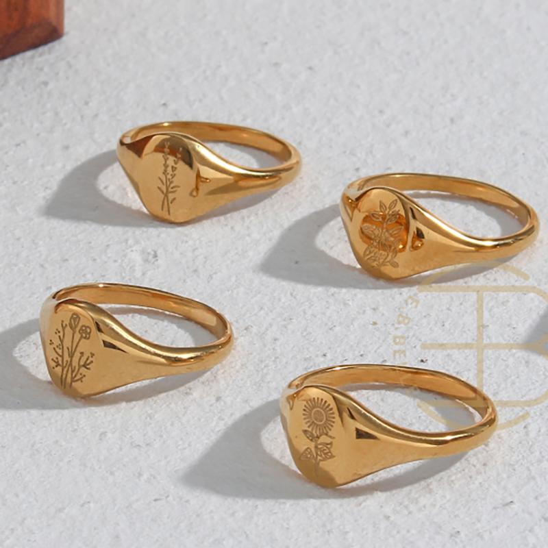 E.B.belle Tarnish Free Stainless Steel Gold Plated Engraving Wildflower Tea Leaf Lavender Sunflower Signet Rings For Women