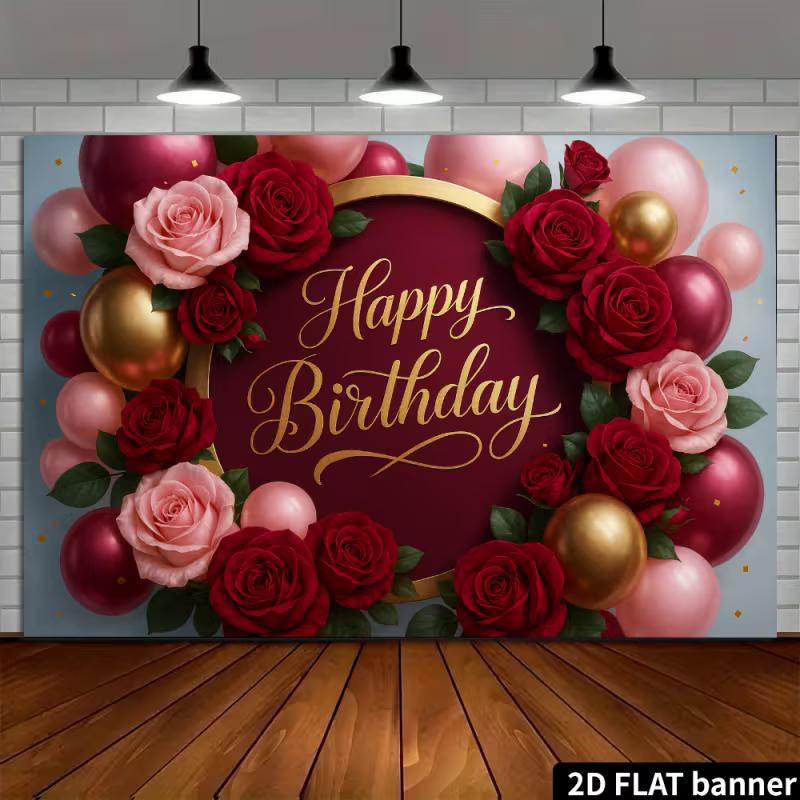 2D Rote Rosa Rose Alles Gute zum Geburtstag Hintergrundbanner Goldener Ballon Party Hintergrund Dekoration