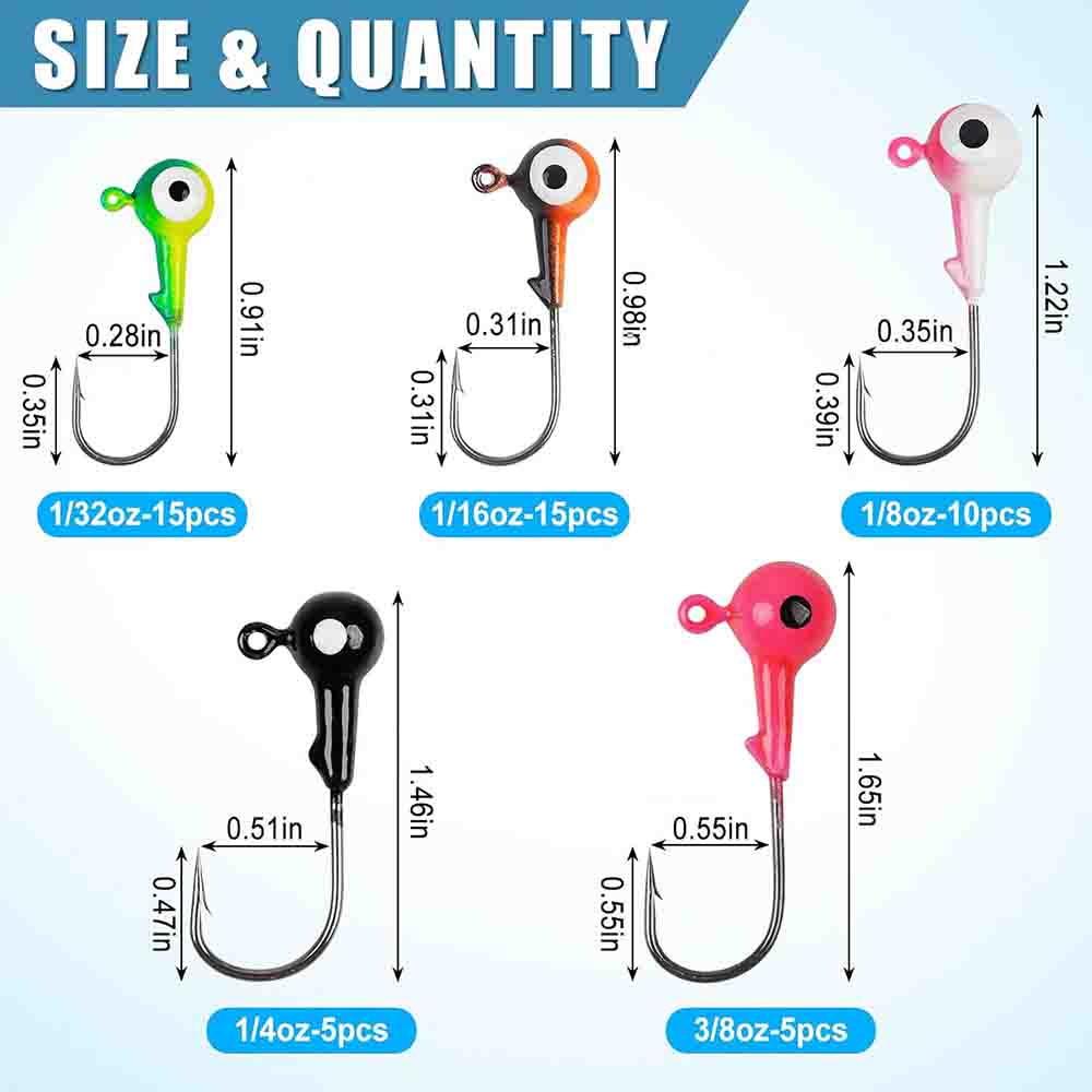 50Pcs Crank Jig Head Hooks Fishing Hook Round Ball Head Jig Hooks for Bass Fishing Trout Panfish Walleye Crappie Live Bait Jigs