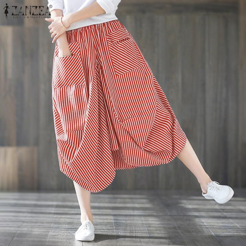 ZANZEA Dame Casual Elastisk Midje Løse Capri Bukser med Stripetrykk