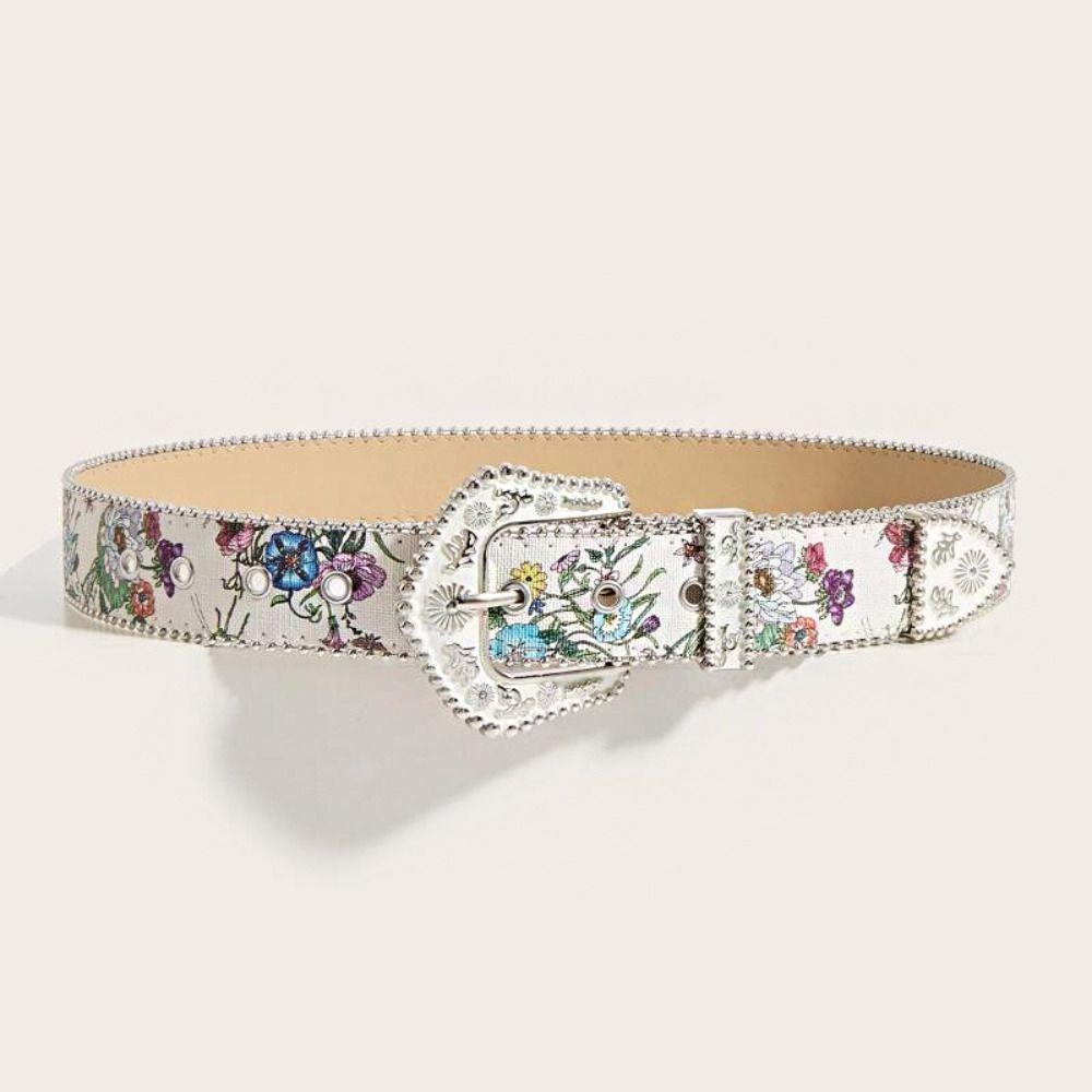 Printed PU Leather Waistband Flower Retro Waistband Adjustable Floral Belt  Outdoor