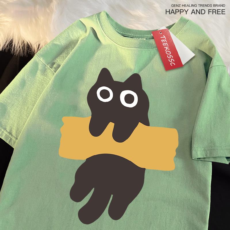 Fun Adhesive Tape Cat Print Japanese Style Short Sleeve Men Women Cotton Oversized T-Shirts Oversized O-Neck New Tops Tees