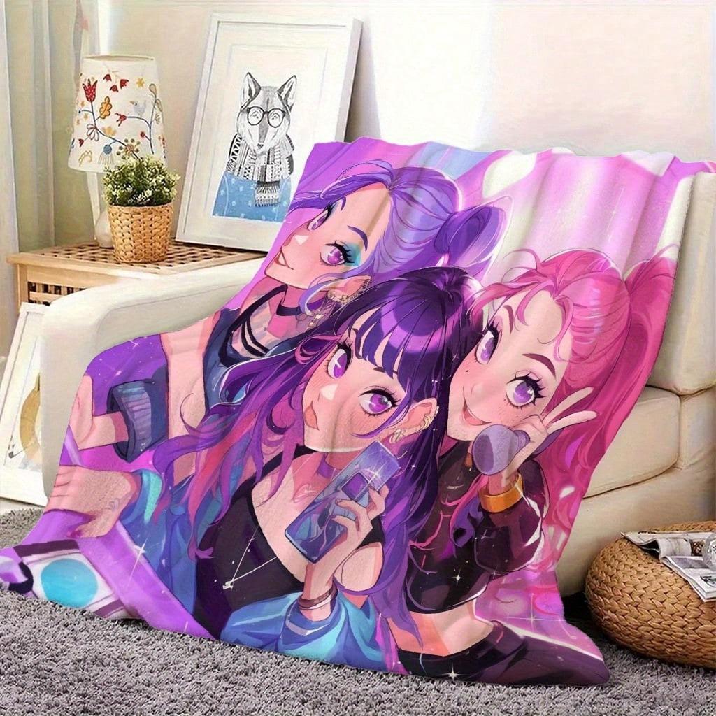 1pc Cute Anime Girls Flannel Blanket, 2D Print Flannel Throw, Purple Pink Kawaii Anime Blanket for Bedroom Living Room Camping,