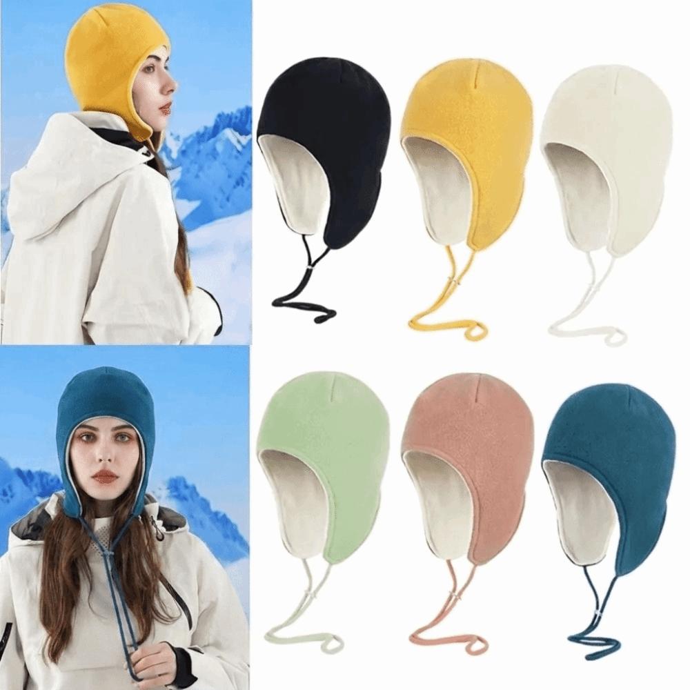 Windproof Ear Flap Hat Drawstring Fleece Hat Soft Ear Protection Cap Skiing