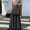 Kore Moda Sonbahar Kış Kadın Katmanlı Etek Yüksek Bel Kayısı Siyah Koyu Gri Örgü Etek Şık Kadınsı Fırfırlı Örgü Etek