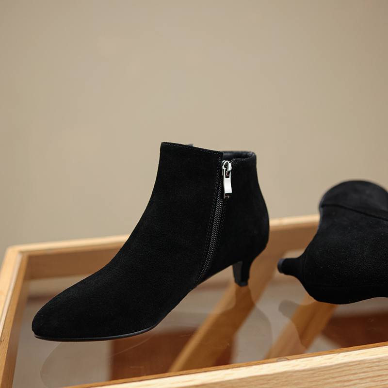 Krazing Pot Cow Suede Winter Round Toe Med Thin Heels Modern Boots Women Big Size 43 Zipper Basic Clothing Ankle Boots