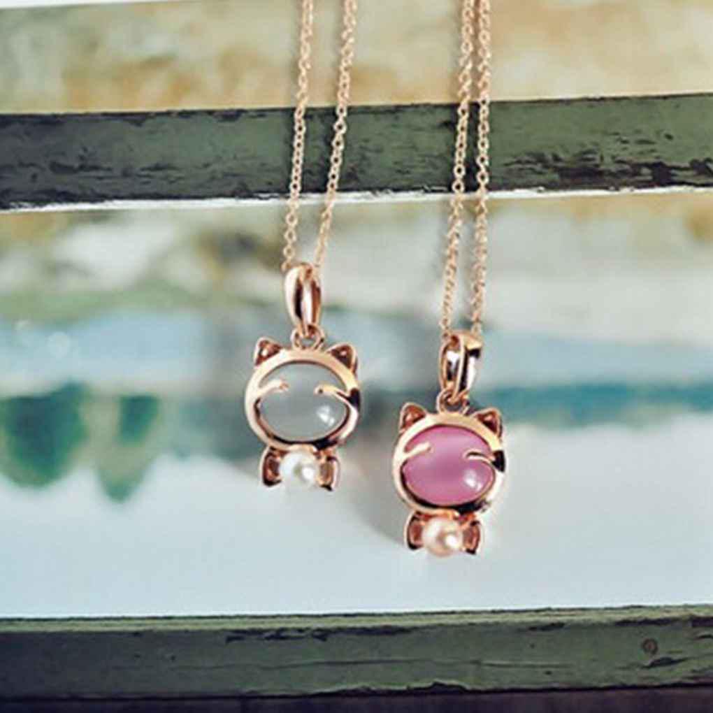 Cute Cat Crystal Pendant Women Girl Necklaces Jewelry Alloy Long Chains Jewelry