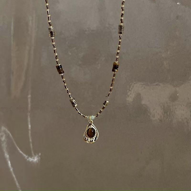 New Style Tigereye Stone Pendant Necklace Sweet And Cool Layered Choker Chain Retro Accessory Women S Necklace Jewelry Gift