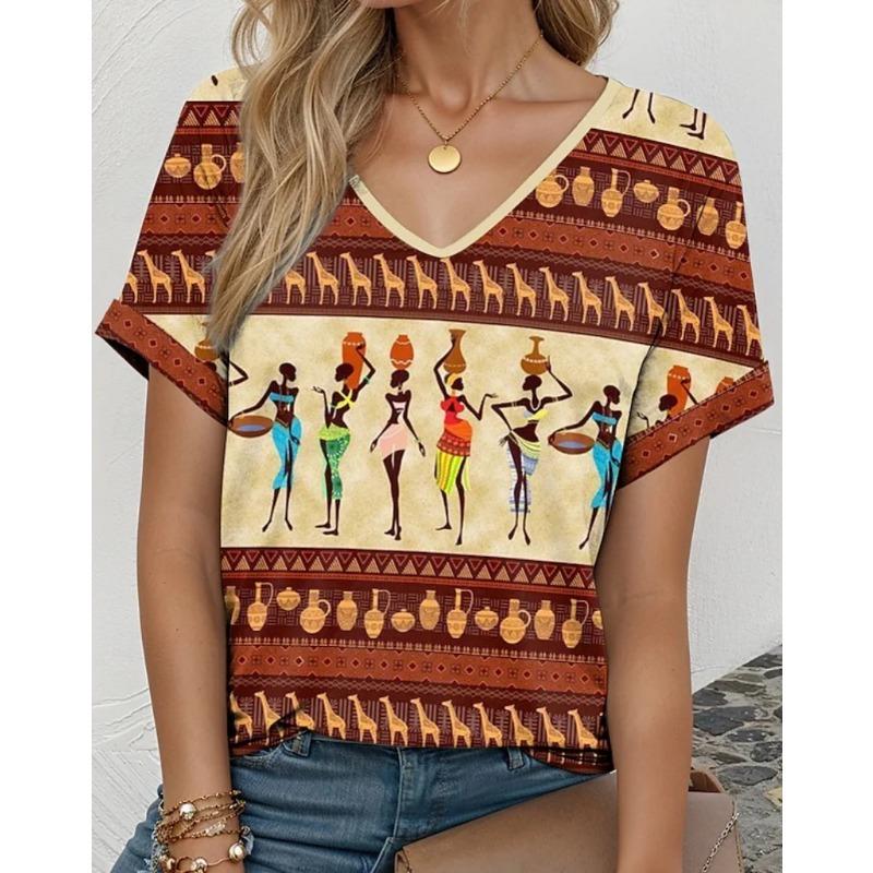 Summer V-neck 3D Retro Printed Top Fashionable Casual Short Sleeved Women's T-shirts