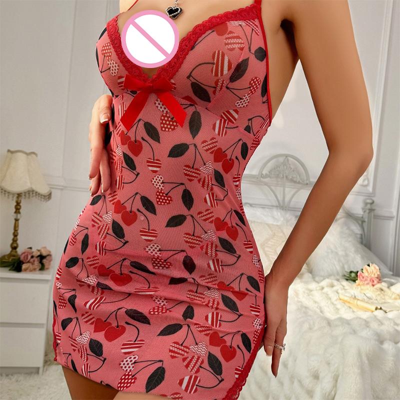 Sexy Pure Desire Erotic Slim Fit Short Dress Deep V Sleeveless Dress Pajamas Lace Patchwork Camisole Dress