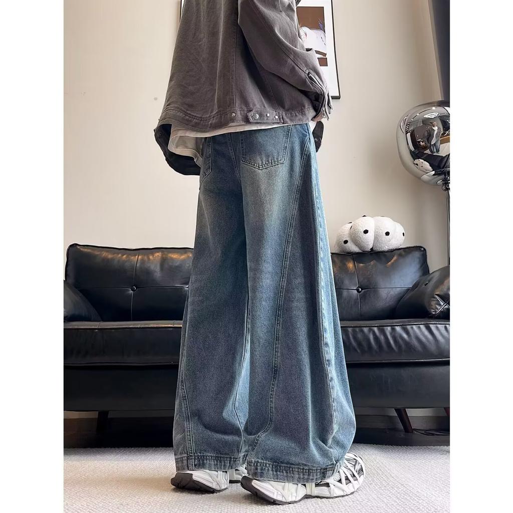 Hong Kong Style Wide-leg Jeans Men's High Street Vibe Style American Trend Silhouette Scimitar Trousers Boys Casual Pants