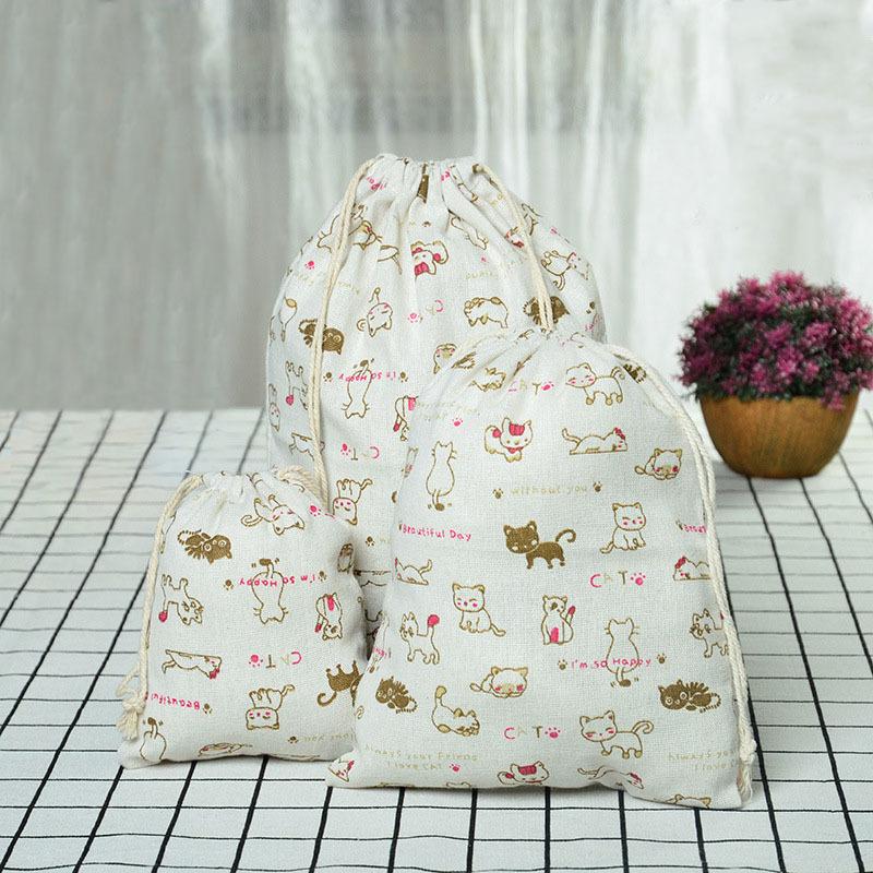Kočka Medvěd Kreslený Stahovací Šňůrka Bavlněná Lněná Úložná Taška Dárková Cukrovinka Šperky Organizér Make-up Kosmetika Mince Klíče Tašky 49002