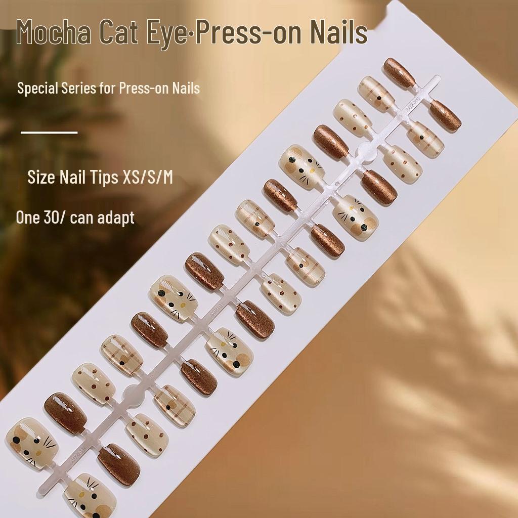 

Mocha Kitty Cartoon Cat Eye Wearable Nails - Cute False Nail Art Pieces