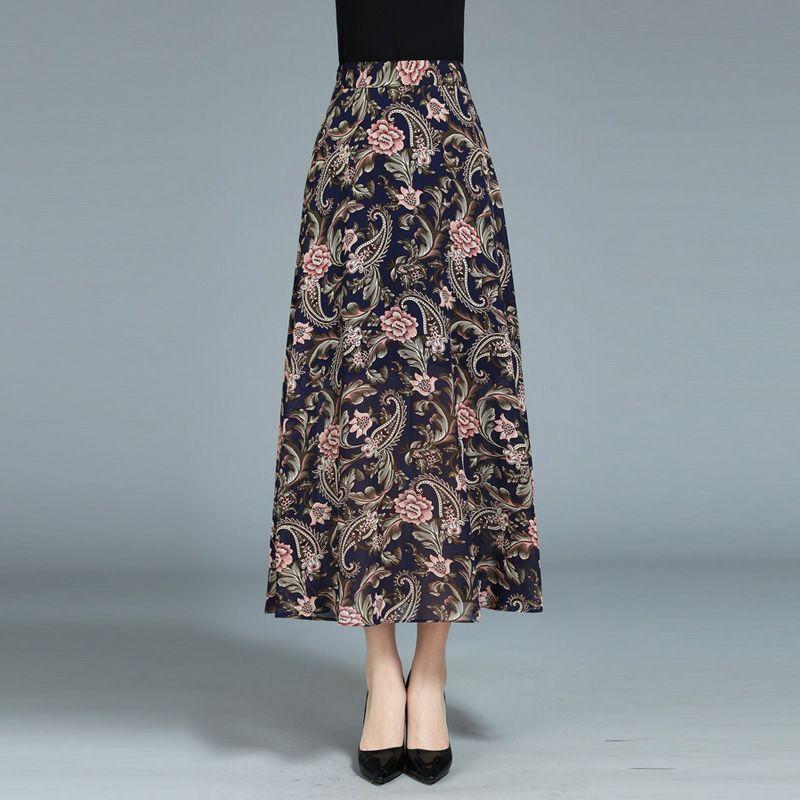 Summer Women's A-line Skirt Chiffon Half Skirt High Waist Printed Large Swing Skirt Floral Mid Length Long Skirt