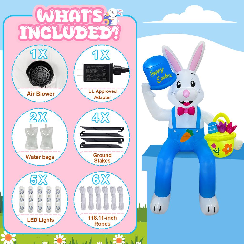 8ft Giant Inflatable Easter Bunny with LED Lights Outdoor Yard Decoration Blow up White Rabbit with Top Hat and Basket