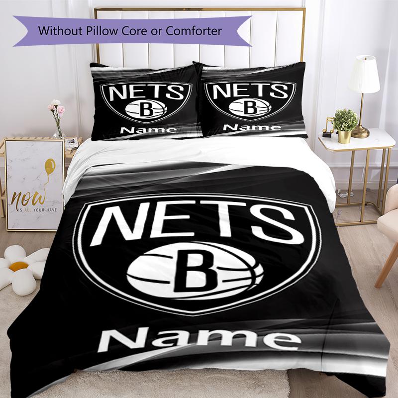 3pcs Custom Name Brooklyn Nets Bedding Set Duvet Cover Closure Includes 1 Duvet Cover & 2 Pillowcases, Soft and Comfortable for All Seasons.