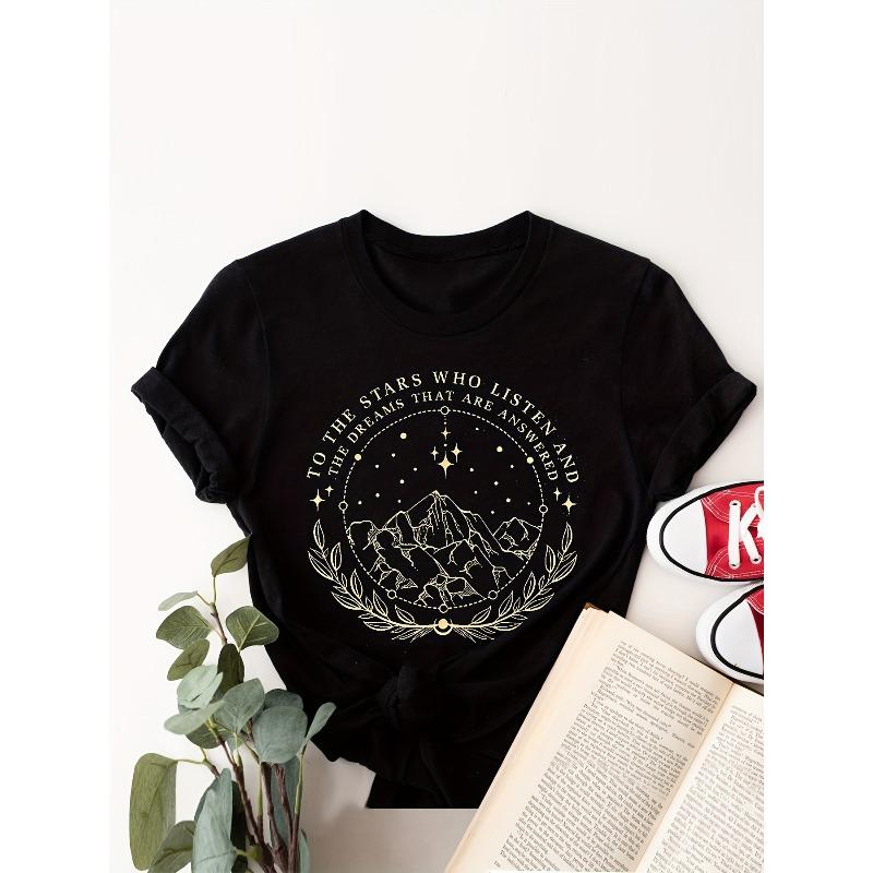 T-shirt da donna con stampa Luna Montagna Girocollo Manica Corta Casual Top Primavera Estate