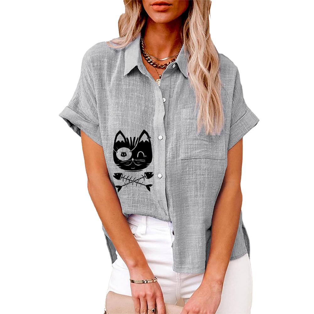 

Большие размеры Женская модная блузка с принтом кота Лето и осень Свободная рубашка с коротким рукавом на пуговицах Женская повседневная льняная футболка 5XL серый