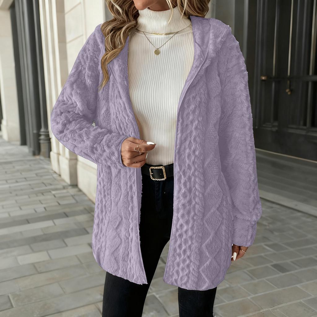 Damen Modischer Einfarbiger Langärmliger Lockerer Kapuzen-Cardigan Plüschjacke