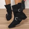 Fashion Buckle Belt Decor Thick Heels Ankle Boots Women Autumn Winter Pointed Toe Riding Boots Woman Slip On Faux Suede Booties