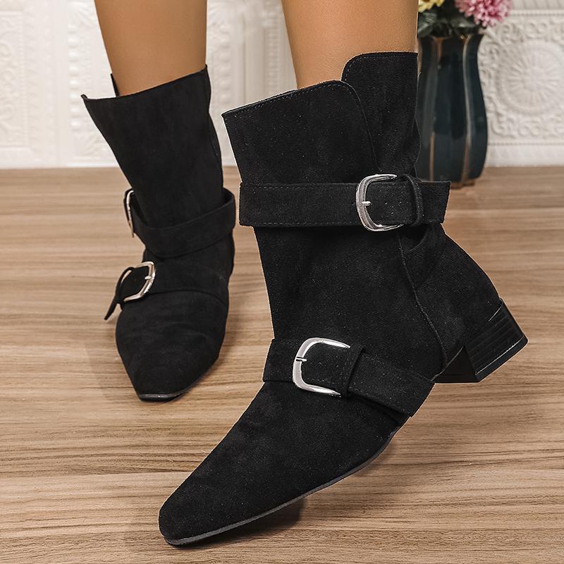 Fashion Buckle Belt Decor Thick Heels Ankle Boots Women Autumn Winter Pointed Toe Riding Boots Woman Slip On Faux Suede Booties