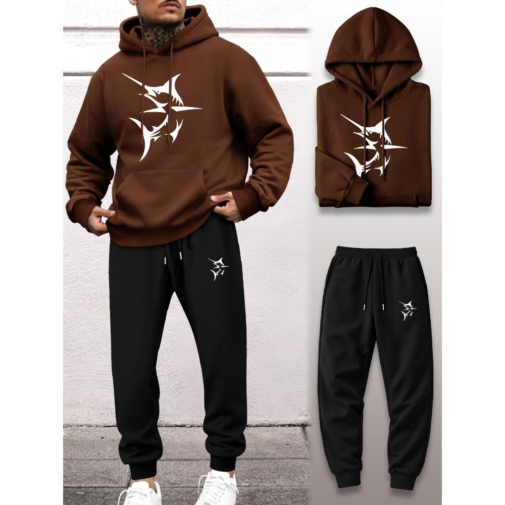 Swordfish Print Hooded Sweatshirt and Pants Two Piece Set Men's Sports Suit Casual Street Style Versatile for Daily Fishing Trips