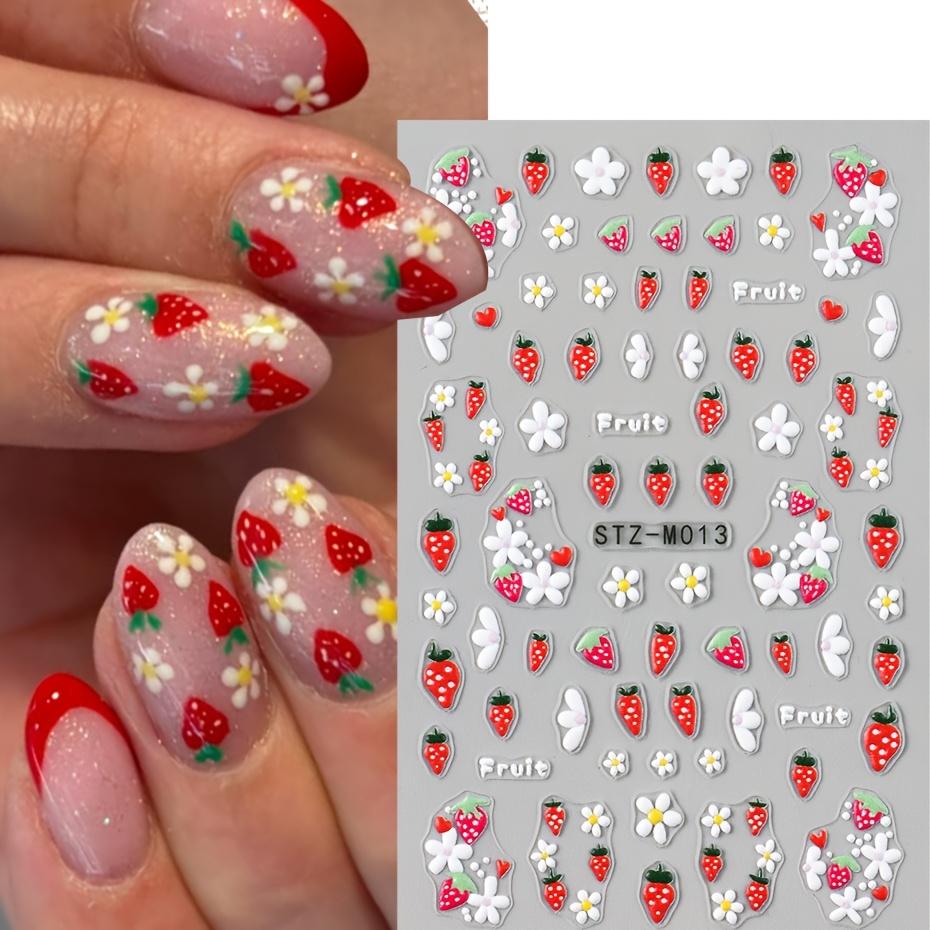 5D Cute Strawberry Nail Art Decals Summer Fruits Cherry Simple Daisy White Flowers Adhesive Sliders Stickers for Nail Manicures Tips