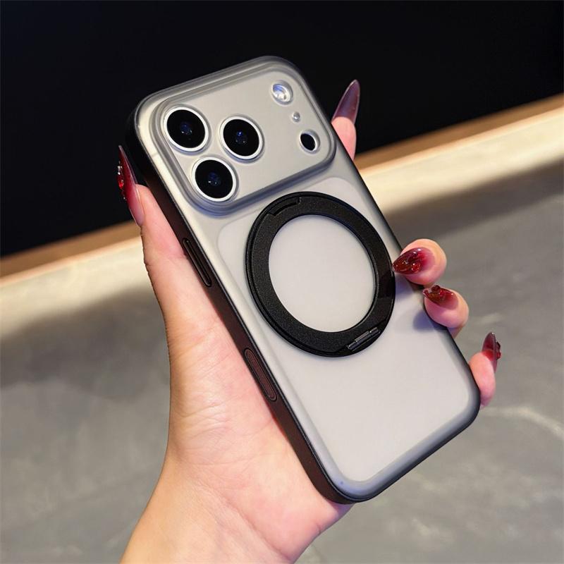 Adjust Rotation Metal Bracket PU Leather Bumper Matte Case for iPhone 17 16 Pro Max Cases 360 Spin Magnetic Stand