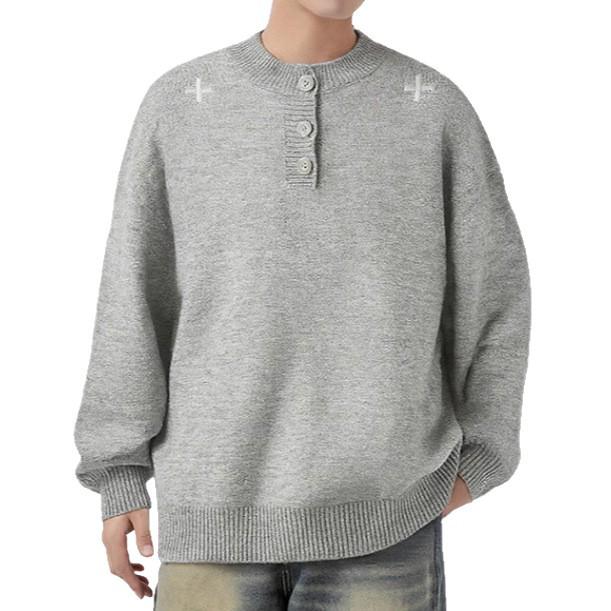Trendy Unisex Henley Collar Embroidered Sweater - Cool & Handsome Lazy Style Knitwear for Autumn & Winter