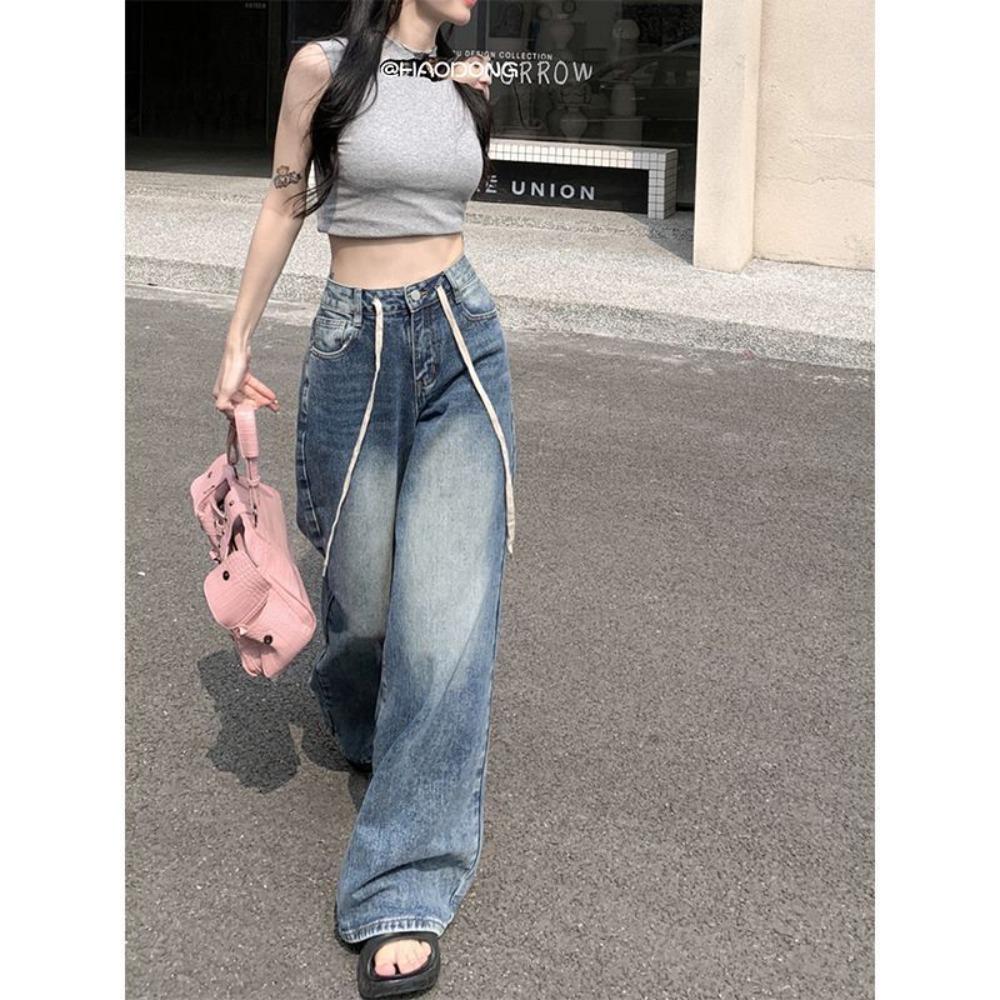 Women's Drawstring High Waist Wide Leg Jeans Loose Fit Retro Vintage Denim Pants Casual Street‑Style Trousers for Daily Wear