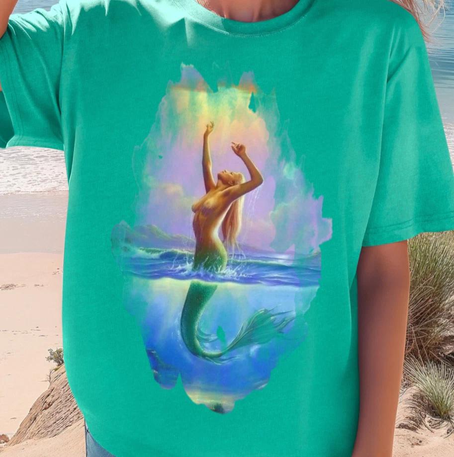 Mermaid Watercolor Illustration T-Shirt | Ocean Fantasy Tee, Beachwear 4XL