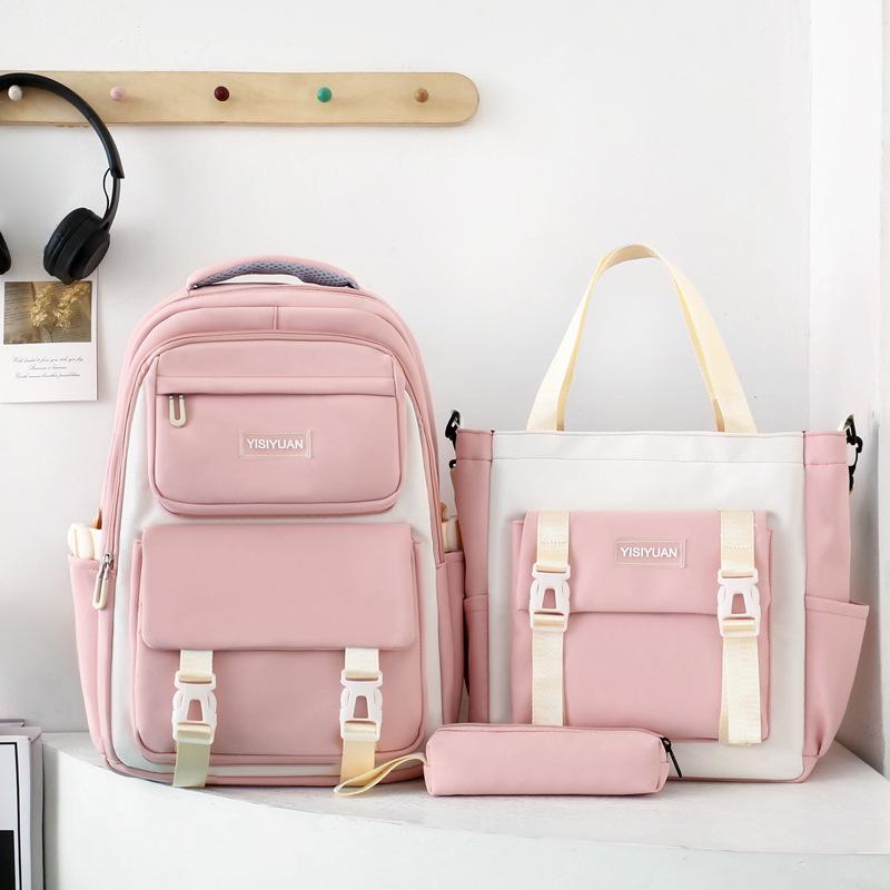 School bag large capacity lightweight junior high school student school bag women's new high value three-piece set backpack contrasting color