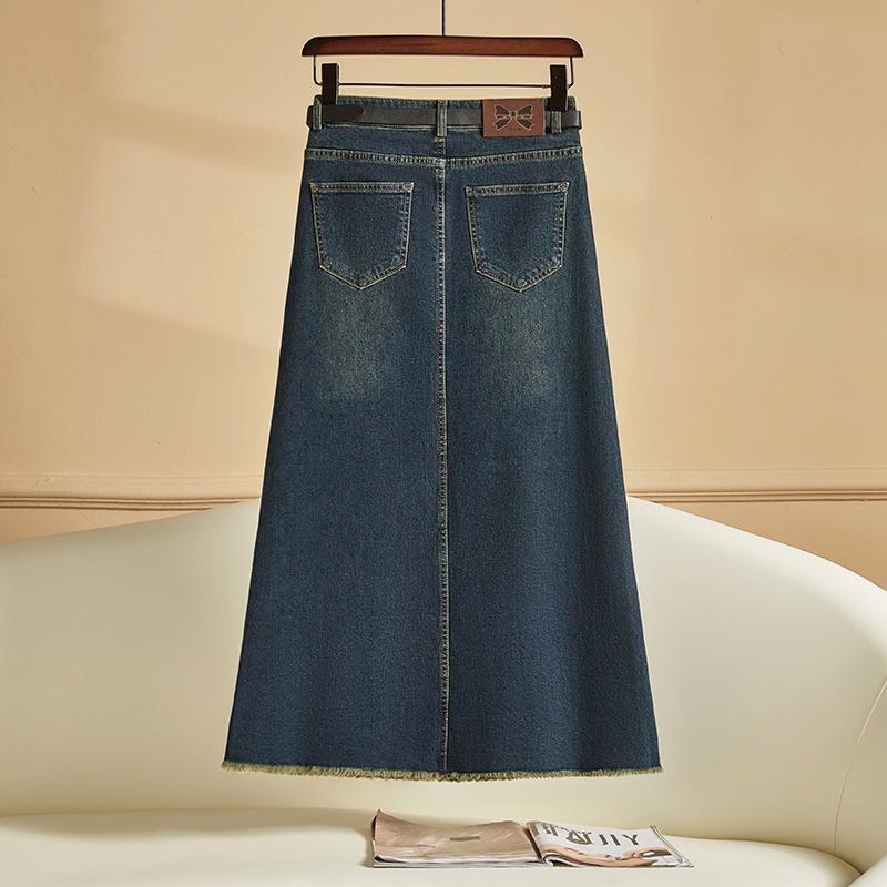 Women's High Waist Frayed Denim A-line Skirt - Retro Slimming, Flaw-Covering Design for Spring & Autumn 2026