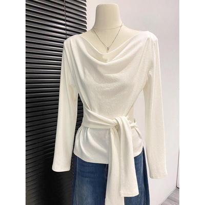 Women's French Swing Tie-Waist Long-Sleeve T-Shirt - Autumn 2026 New Arrival, High-End Slim-Fit Base Layer