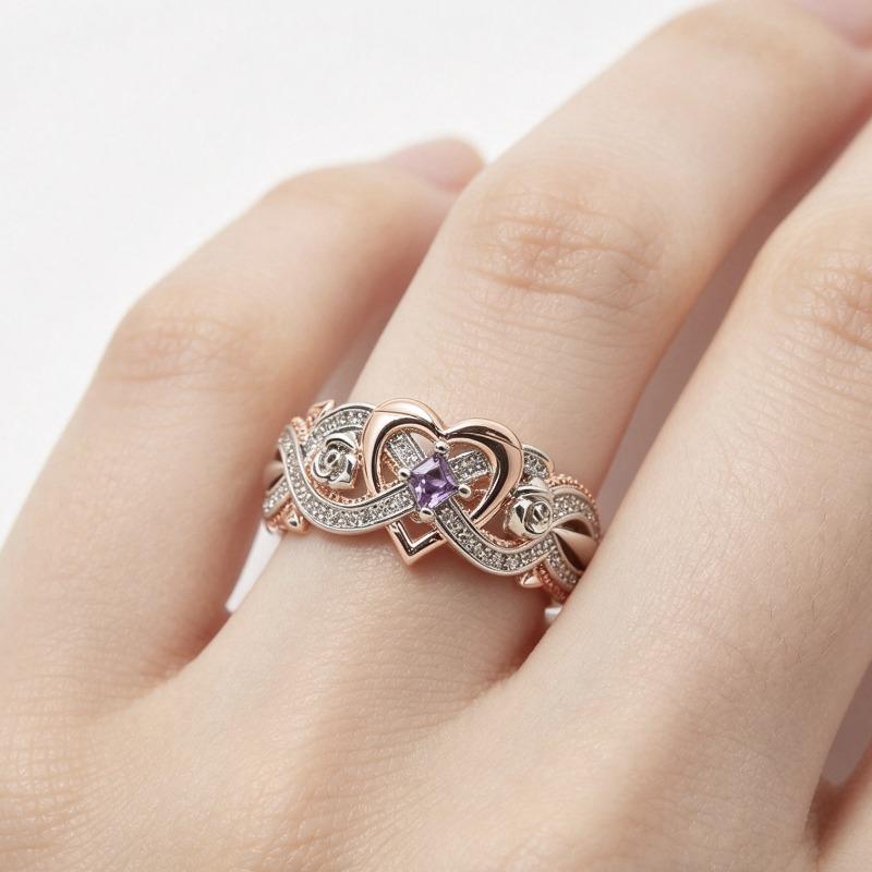 Rose Princess Square Diamond Ring, European and American Love-shaped Rose Gold Two-color Zircon Ring.