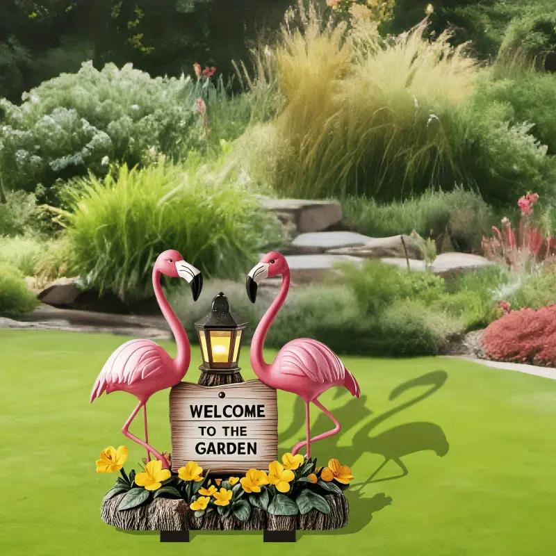 Flamingo Welcome Plaque - Garden Decoration with Lanterns and Flowers, Gift for Easter and Mother's Day Outdoor Decoration Use