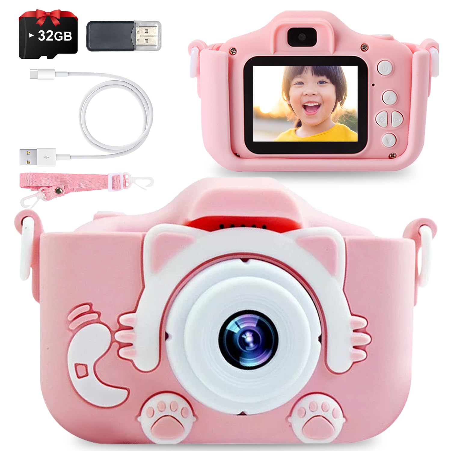 

Digital Camera Selfie with Dual Toy Camera for 1080P HD Video Camera with 32GB Memory Data USB IPS 8x Protective Dual Easy Timer Game Suitable for розовый