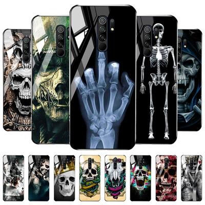Redmi 9 caso crânio esqueleto caso de vidro para xiaomi redmi 9 c 9c nfc 9a 8a 8 7a 7 mi 9t pro 9 lite 8 se vidro temperado capa dura