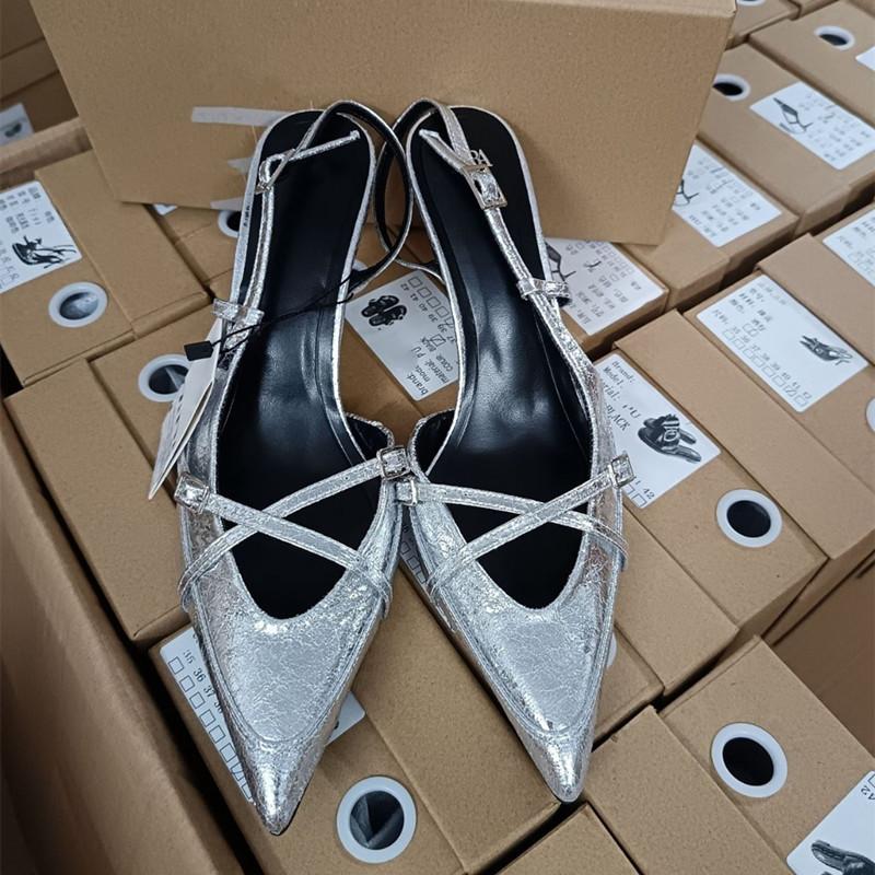 

Fashion 2025 Summer Fashion Mixed-color Strap Buckle Women Pumps Elegant Pointed toe PU Leather Slingbacks Thin High heels Office Shoes 35