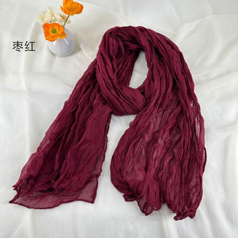 Women Soft Breathable Cotton and Linen Scarves Solid Color Pleated Scarf Retro Bohemian Style Long Wraps 180*90cm Multi Color