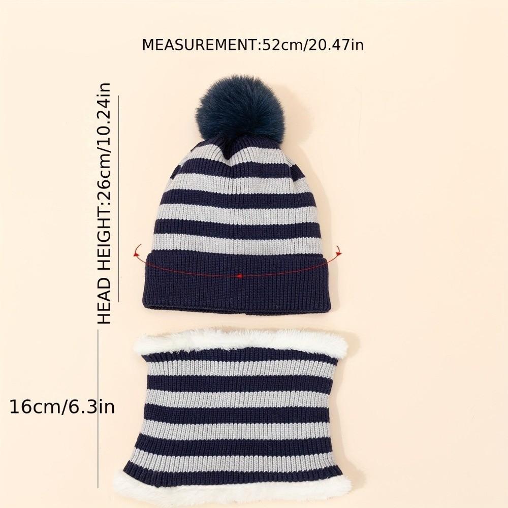 Fleece Lined Knit Beanie Hat Striped Pattern Pom Pom Hat Warm Fleece Lined Scarf  Outdoor Sports