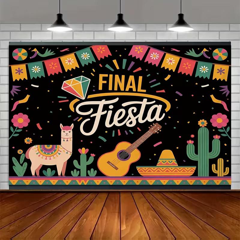 2D Final Fiesta Backdrop, Mexican Bachelorette Alpaca Cactus Guitar Photography Background Banner