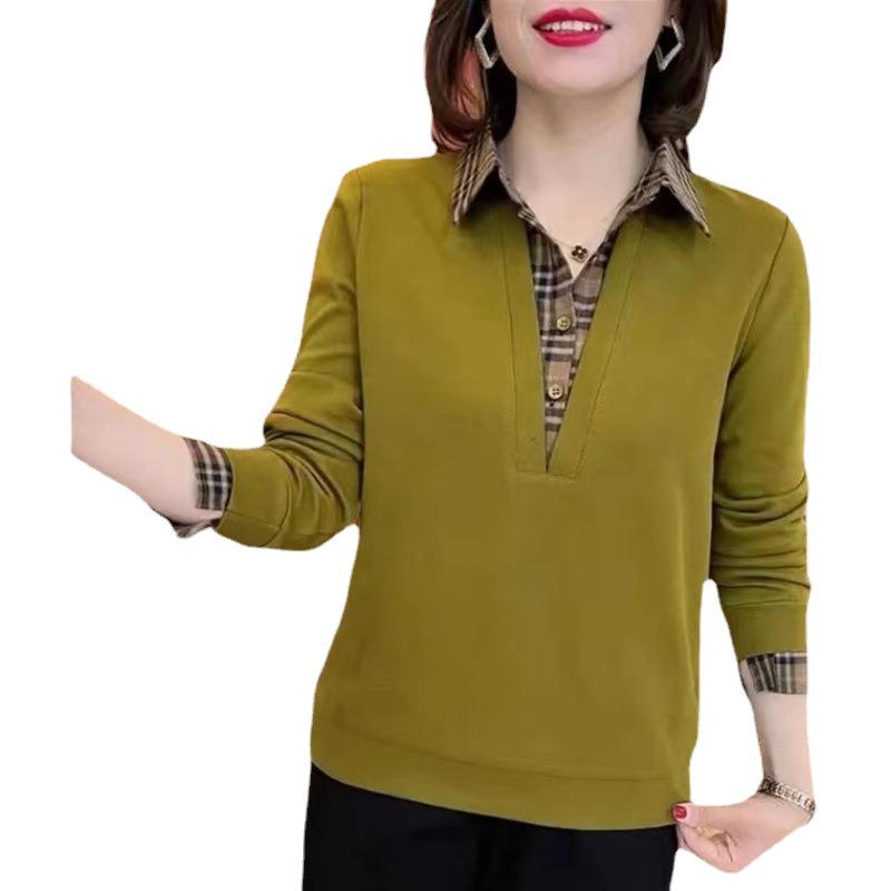 Autumn Fashion Plaid Patchwork Turn-Down Collar Shirt for Middle-Aged Women - Stylish Age-Reducing Two-Piece