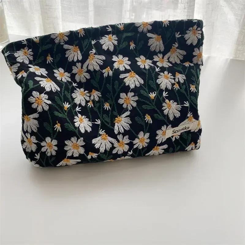 Women Floral Beauty Cosmetic Bag Makeup Case Organizer Korean Embroidery Corduroy Travel Large Wash Toiletry Storage Bag Pouch