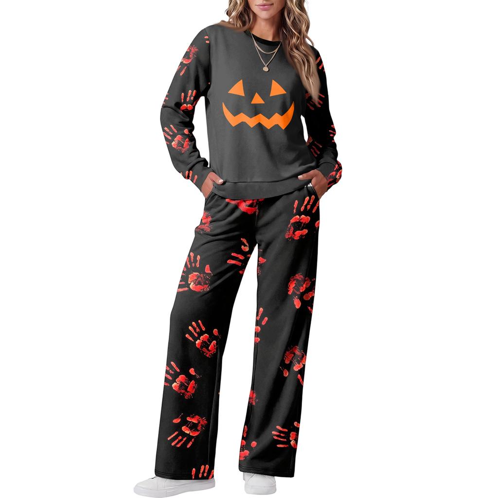 Women's Halloween Print Hoodie and Jogger Pants Set, Round Neck Loose Fit Casual Sweatsuit