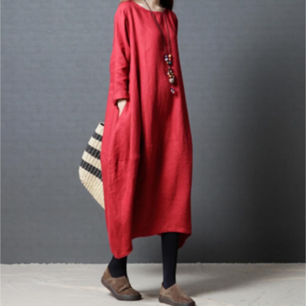 Women's Crew Neck Long Sleeve Midi Dresses Loose Fit Solid Color Casual Swing Dress Summer Dresses
