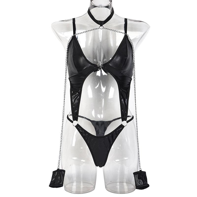 Erotic Halter Chain Lingerie Sexy Lingerie Bodysuit Latex Leather Body Sexy Underwear Bandage Backless Bodysuit Bra Teddies