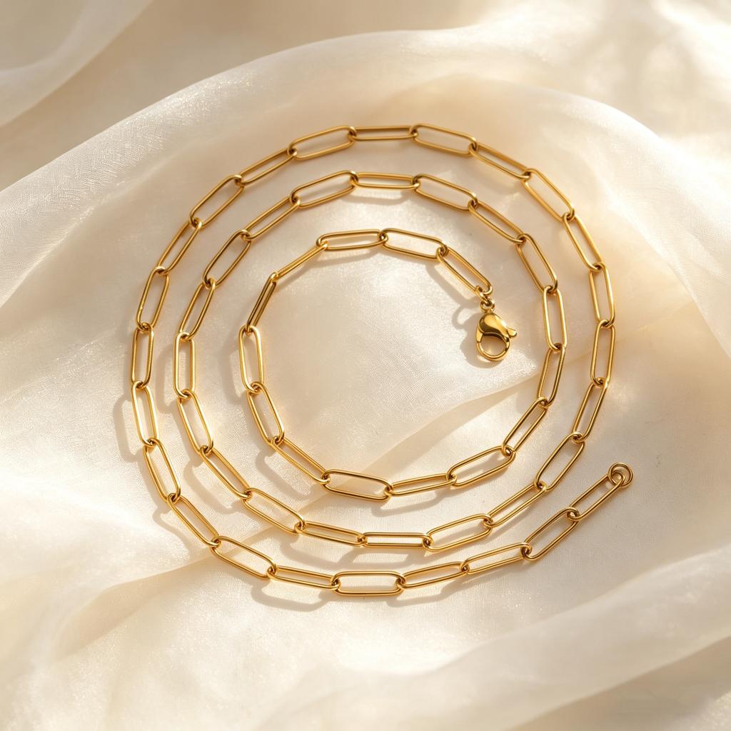 Gold Plated Paperclip Chain Necklace for Women, Adjustable Stainless Steel Square Link Waterproof Non Tarnish Long Necklace